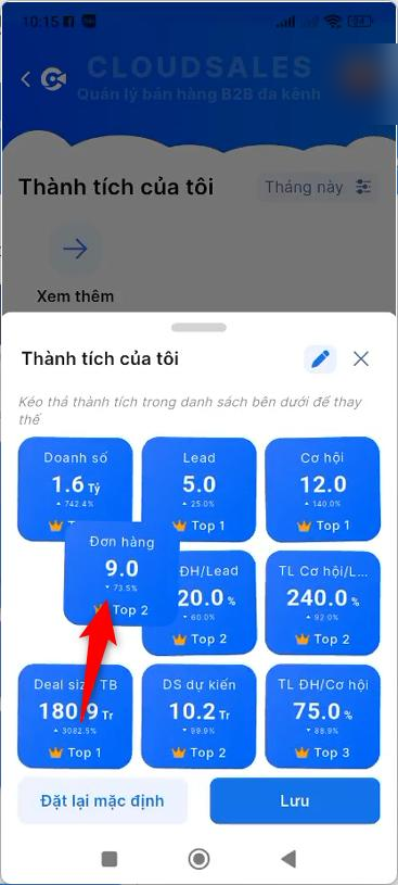 Nhấn giữ và kéo thả để sắp xếp các ô thành tích