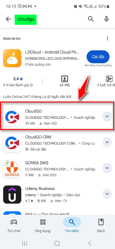 Chọn ứng dụng CloudGO trong kết quả tìm kiếm trên CH Play
