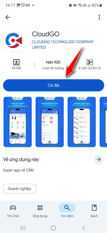 Nhấn Cài đặt tại trang chi tiết ứng dụng CloudGO trên CH Play