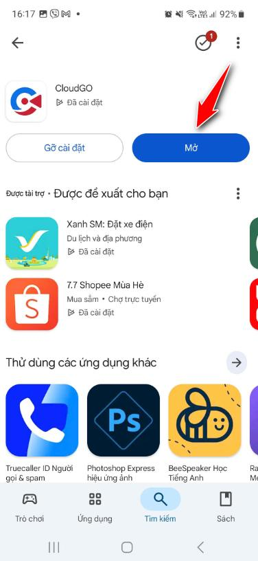 Cài đặt hoàn tất, nhấn Mở để mở ứng dụng CloudGO