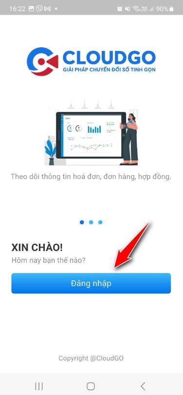Màn hình chào khi mở ứng dụng CloudGO, nhấn Đăng nhập