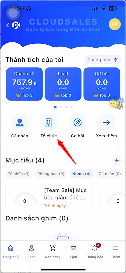 Chọn module Tổ chức tại màn hình Trang chủ