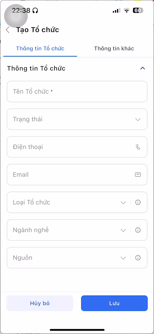 Tab Thông tin Tổ chức trên màn hình Tạo Tổ chức
