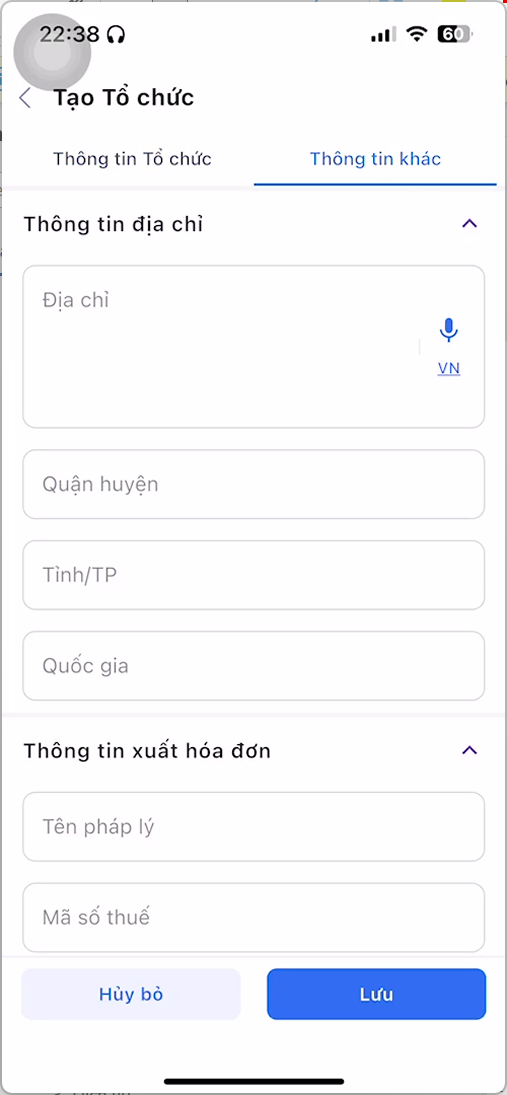 Tab Thông tin khác gồm thông tin địa chỉ và thông tin xuất hóa đơn