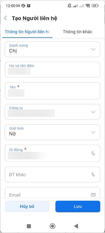 Tab Thông tin Người liên hệ trên màn hình Tạo Người liên hệ