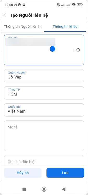 Tab Thông tin khác với địa chỉ, mô tả, ghi chú