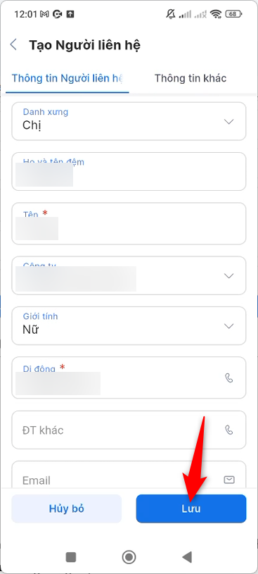 Kiểm tra thông tin Người liên hệ và nhấn Lưu