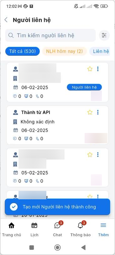 Thông báo tạo mới Người liên hệ thành công