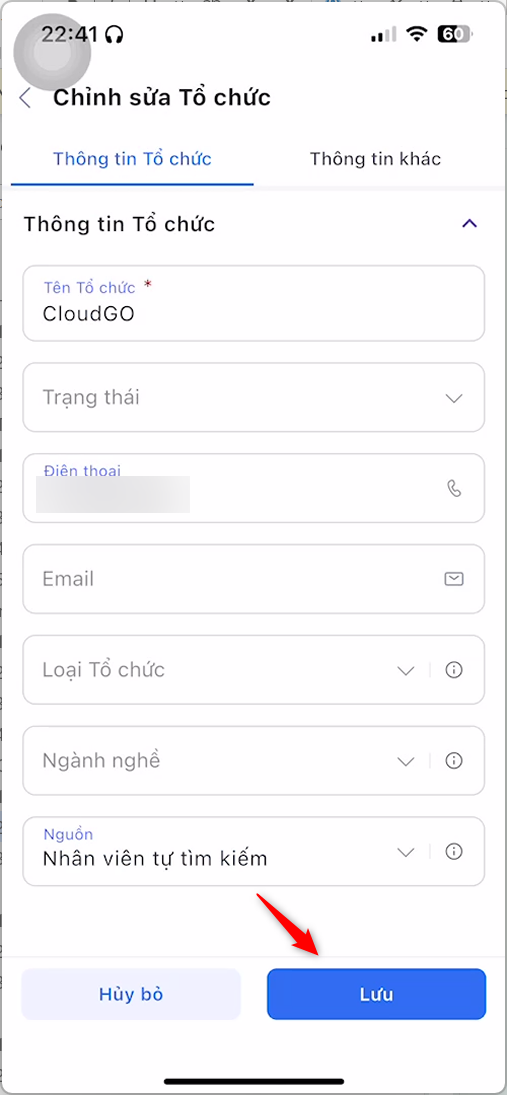 Cập nhật thông tin Tổ chức và nhấn Lưu