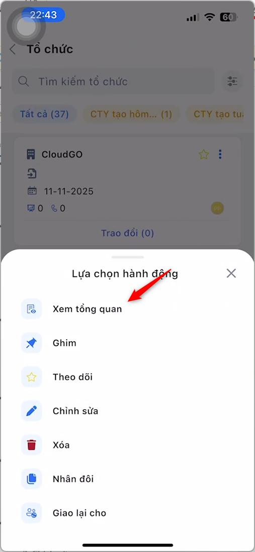 Chọn Xem tổng quan trong bảng Lựa chọn hành động