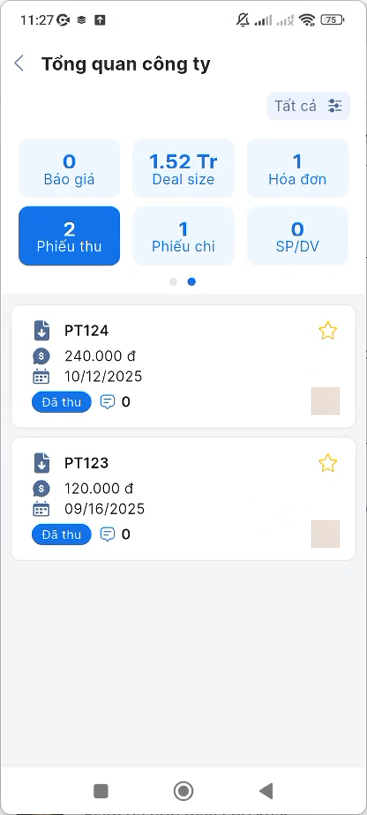 Trang thứ hai của Tổng quan công ty với Báo giá, Deal size, Hóa đơn, Phiếu thu, Phiếu chi, SP/DV và danh sách phiếu thu