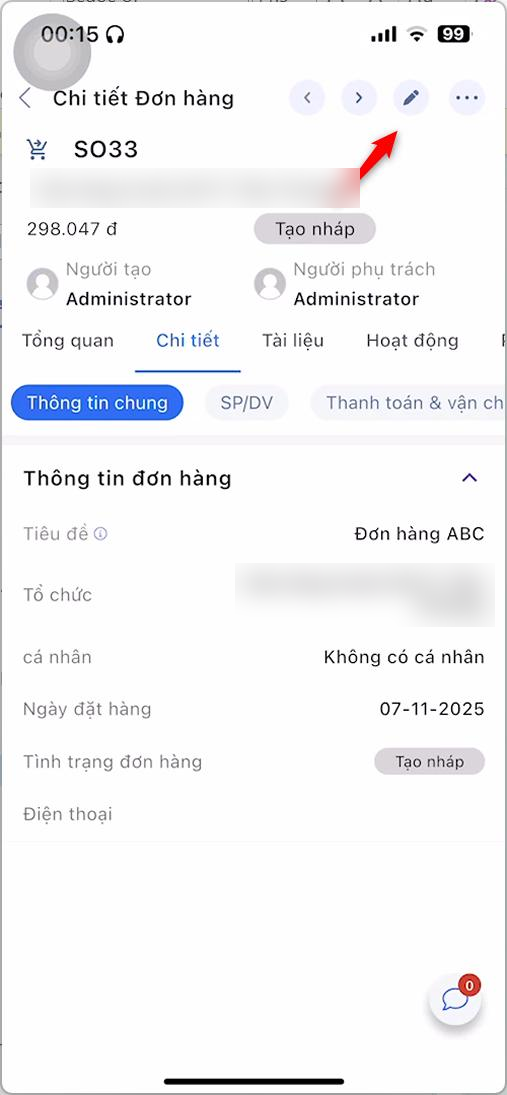 Nhấn icon Chỉnh sửa tại chi tiết đơn hàng