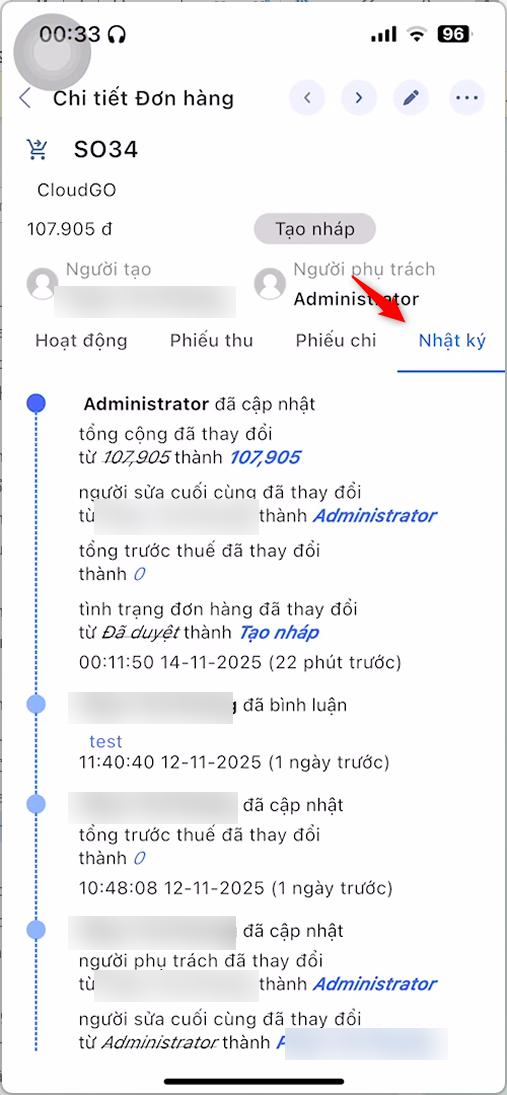 Xem lịch sử thay đổi của đơn hàng tại tab Nhật ký