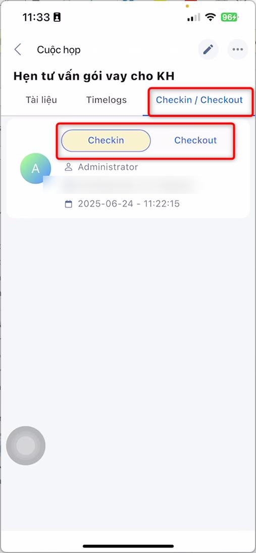 Tab Checkin / Checkout trong chi tiết cuộc họp