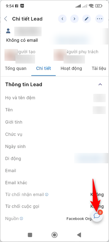 Nhấn icon Bình luận tại màn hình chi tiết Lead