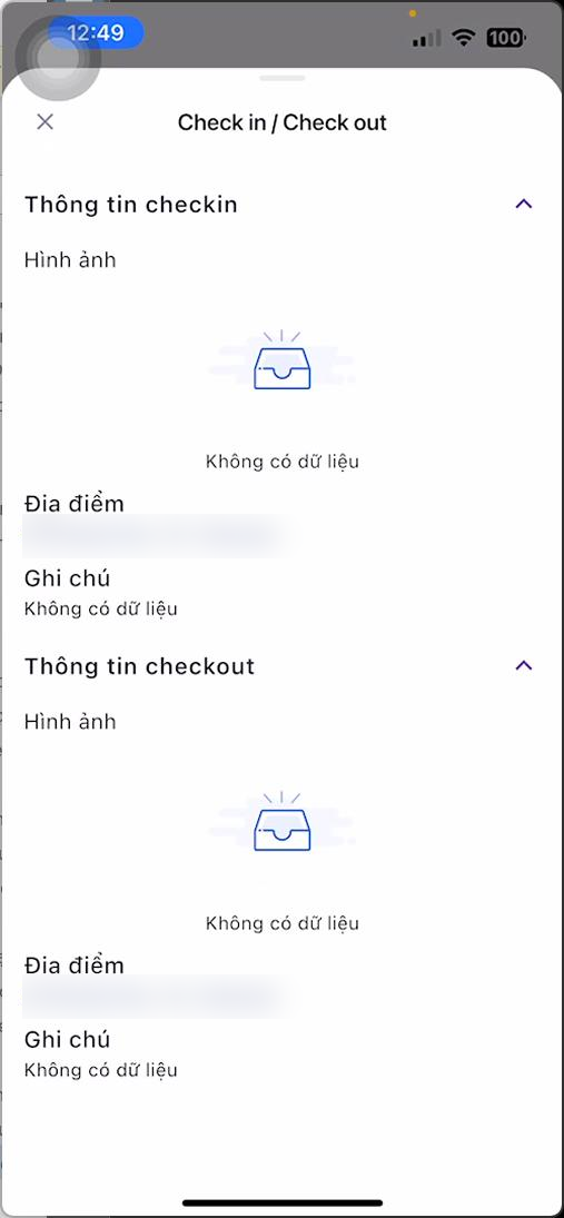 Chi tiết thông tin checkin và checkout gồm hình ảnh, địa điểm, ghi chú