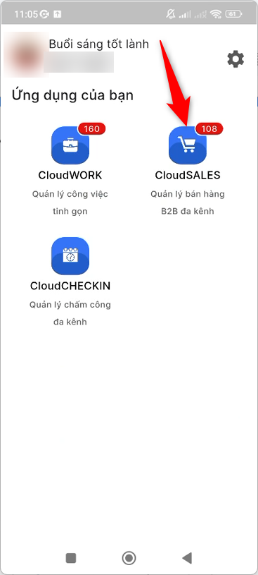 Màn hình CloudGO sau khi đăng nhập, mục Ứng dụng của bạn hiển thị 3 phân hệ CloudWORK, CloudSALES, CloudCHECKIN, mũi tên chỉ vào CloudSALES