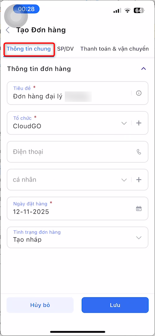 Tab Thông tin chung trên màn hình Tạo Đơn hàng