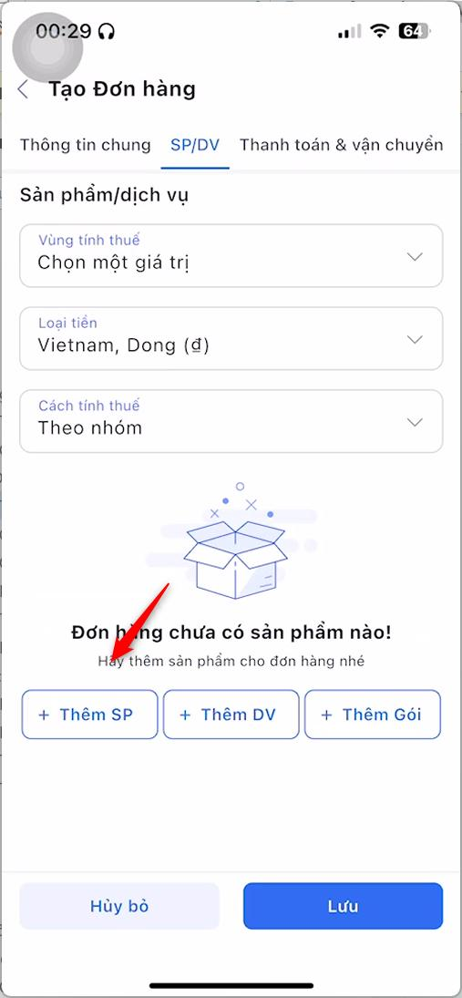 Tab SP/DV với vùng tính thuế, loại tiền, cách tính thuế