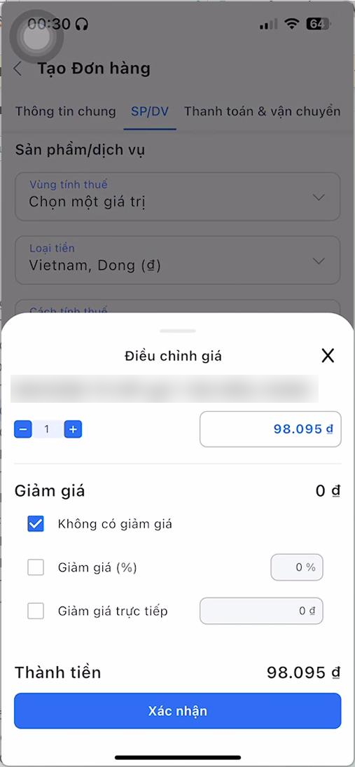 Cửa sổ Điều chỉnh giá với số lượng, đơn giá, các lựa chọn giảm giá và nút Xác nhận