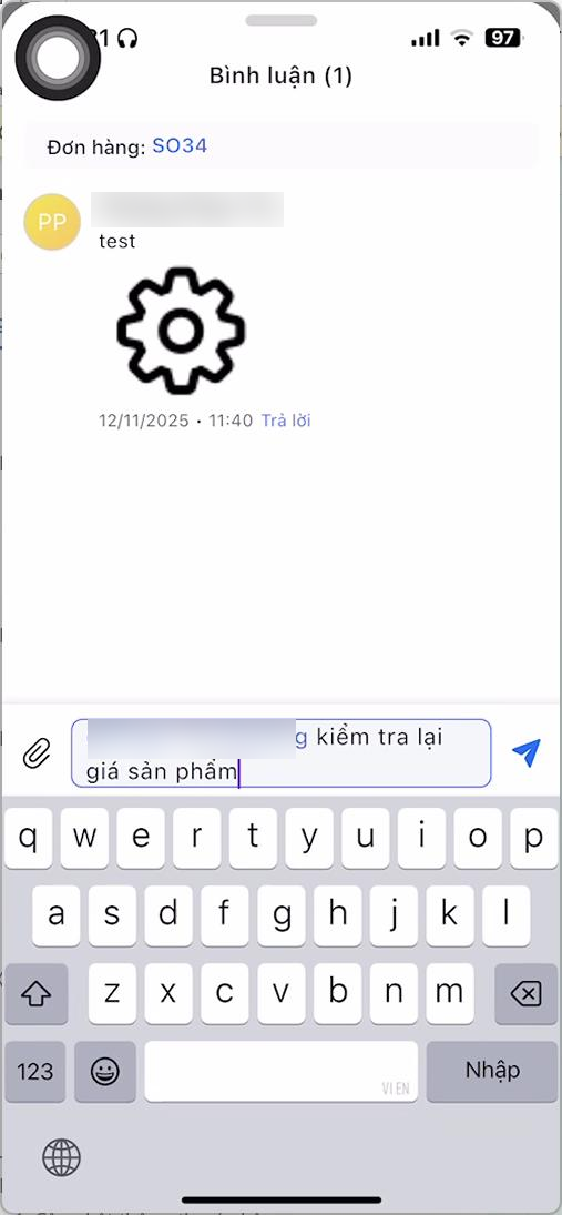 Màn hình Bình luận của đơn hàng, nhập nội dung có nhắc tên bằng @