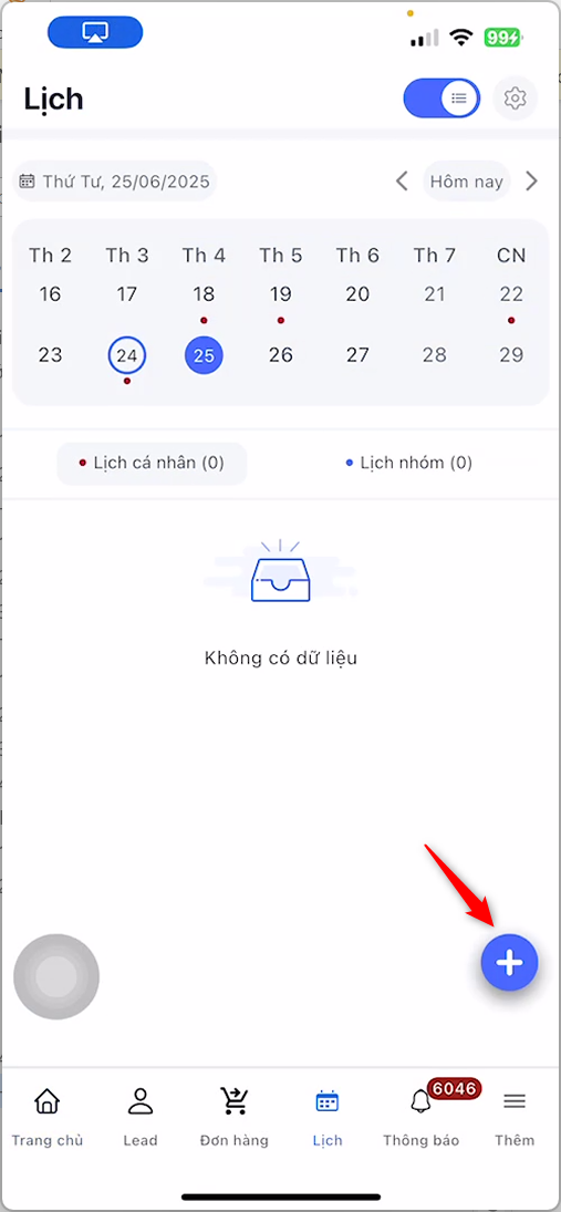 Màn hình Lịch, nút dấu cộng ở góc dưới bên phải