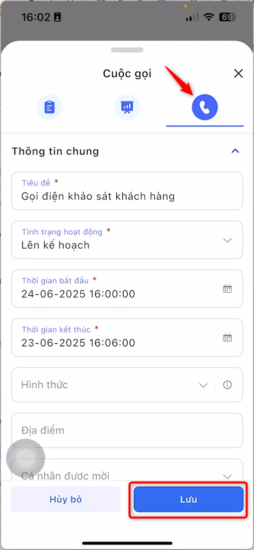 Form tạo Cuộc gọi với Tiêu đề, Tình trạng hoạt động, Thời gian bắt đầu, Thời gian kết thúc và nút Lưu