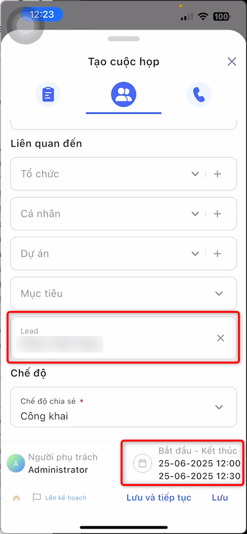 Form Tạo cuộc họp: mục Liên quan đến đã gắn Lead, thời gian Bắt đầu - Kết thúc và nút Lưu