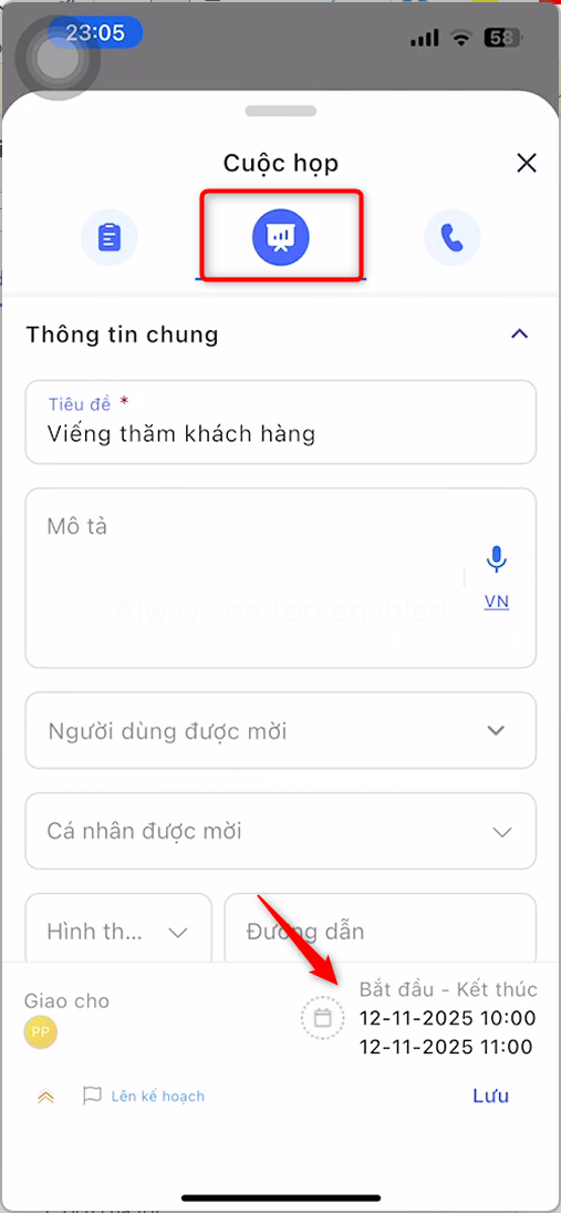 Form tạo Cuộc họp với Tiêu đề, Mô tả, Người dùng được mời, Cá nhân được mời, Hình thức và vùng Bắt đầu - Kết thúc