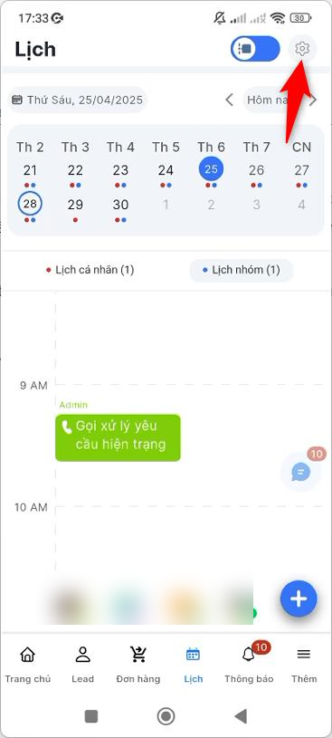 Nhấn biểu tượng Thiết lập tại màn hình Lịch
