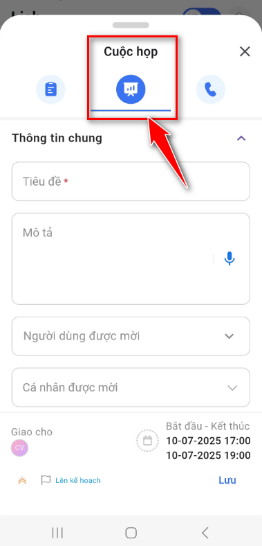 Form tạo lịch mở sẵn loại Cuộc họp theo thiết lập
