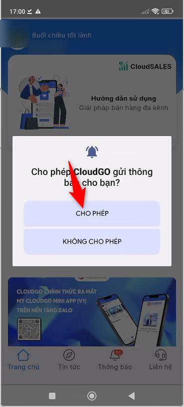 Hộp thoại Cho phép CloudGO gửi thông báo cho bạn, mũi tên chỉ vào nút Cho phép