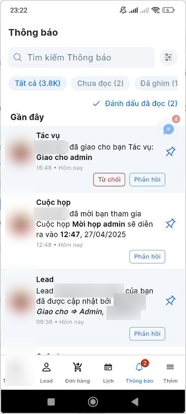Màn hình Thông báo với các tab Tất cả, Chưa đọc, Đã ghim, nút Đánh dấu đã đọc và icon ghim bên phải mỗi thông báo