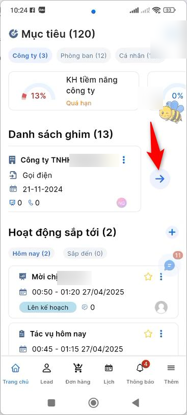 Block Danh sách ghim trên Trang chủ, mũi tên chỉ vào icon Xem thêm bên phải