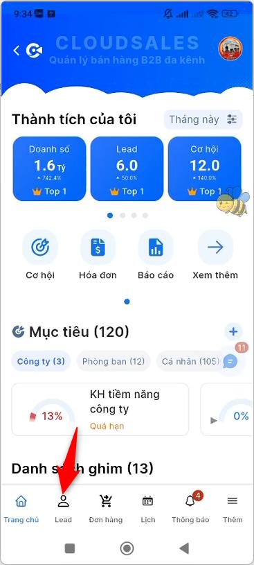 Nhấn Lead trên thanh điều hướng dưới cùng của Trang chủ