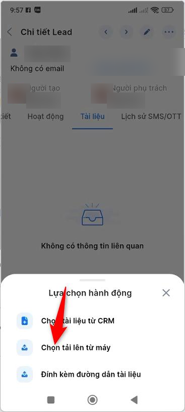 Bảng Lựa chọn hành động với 3 cách thêm tài liệu: Chọn tài liệu từ CRM, Chọn tải lên từ máy, Đính kèm đường dẫn tài liệu