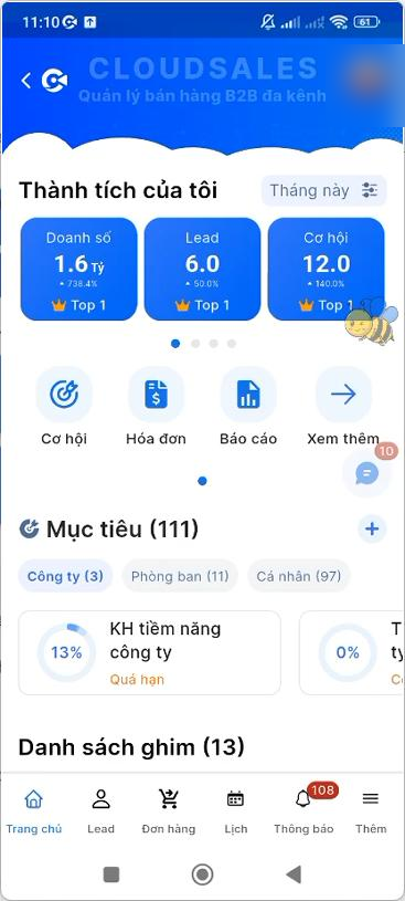 Trang chủ CloudSALES với mục Thành tích của tôi, các module truy cập nhanh và thanh điều hướng 6 mục Trang chủ, Lead, Đơn hàng, Lịch, Thông báo, Thêm ở cuối màn hình