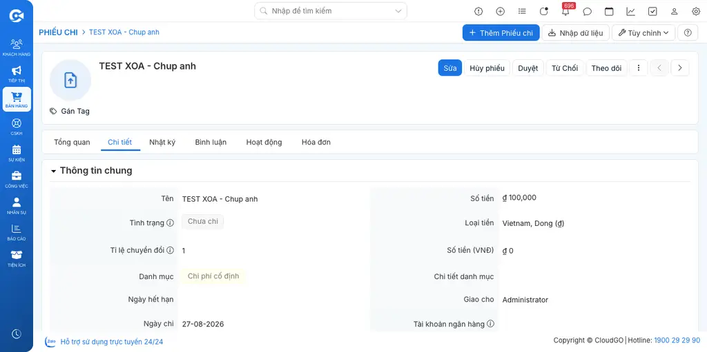 Màn hình chi tiết Phiếu chi vừa tạo thành công, hiển thị Tình trạng
