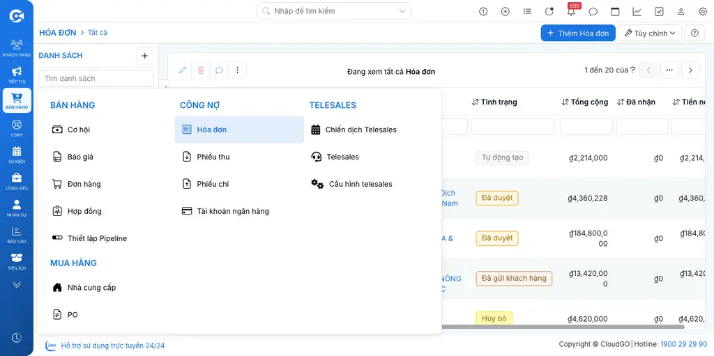 Menu điều hướng CloudGO CRM mở rộng nhóm BÁN HÀNG, mục Công nợ với các module Báo giá, Đơn hàng, Hóa đơn, Phiếu thu, Phiếu chi