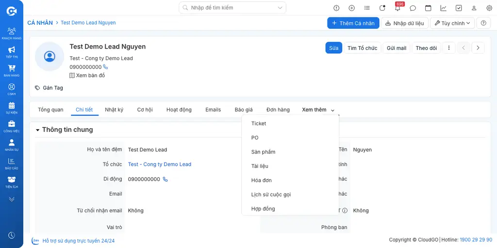 Dropdown Xem thêm trên màn hình chi tiết Người liên hệ, tab Hóa đơn