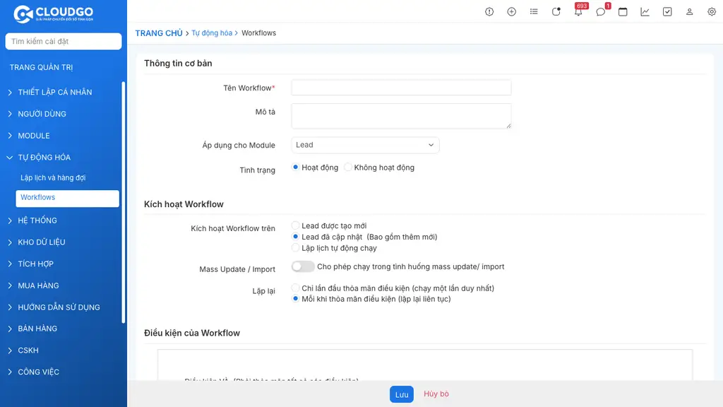 Form Thêm Workflow - Thông tin cơ bản và Kích hoạt Workflow trên