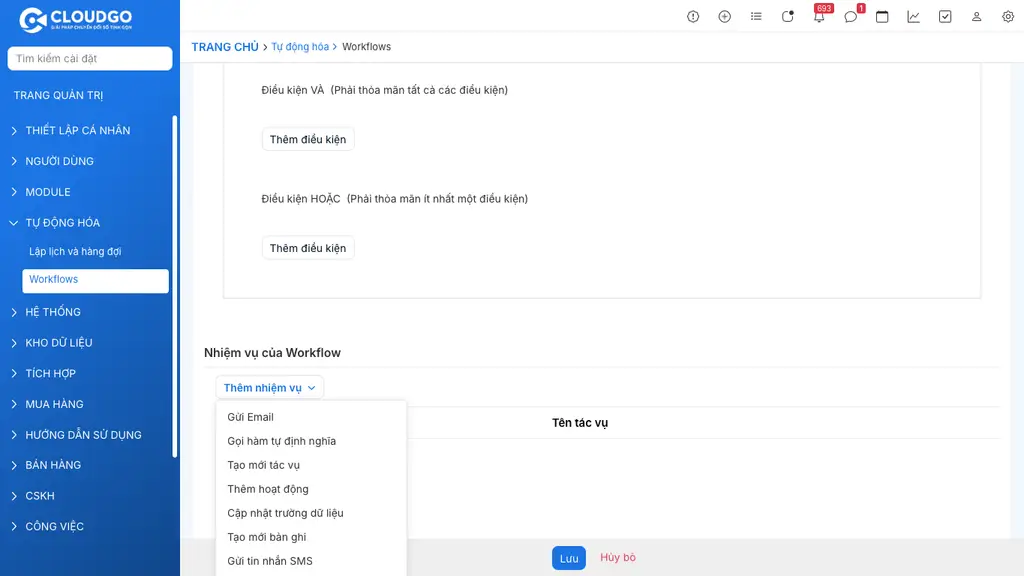 Dropdown Thêm nhiệm vụ - chọn loại tác vụ Cập nhật trường dữ liệu