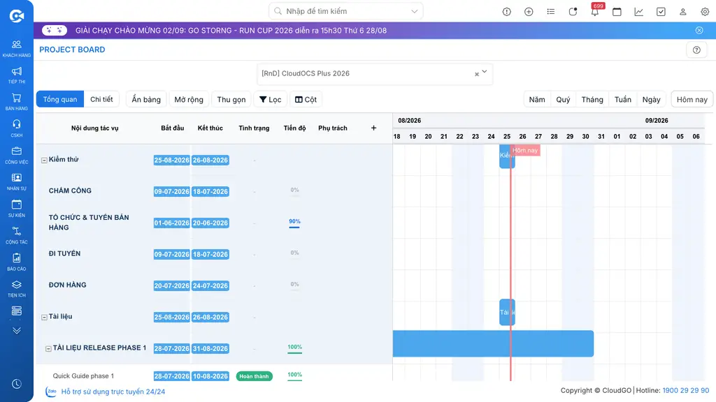 Màn hình Project Board - biểu đồ Gantt phân cấp theo hạng mục, có tiến độ % và mốc
