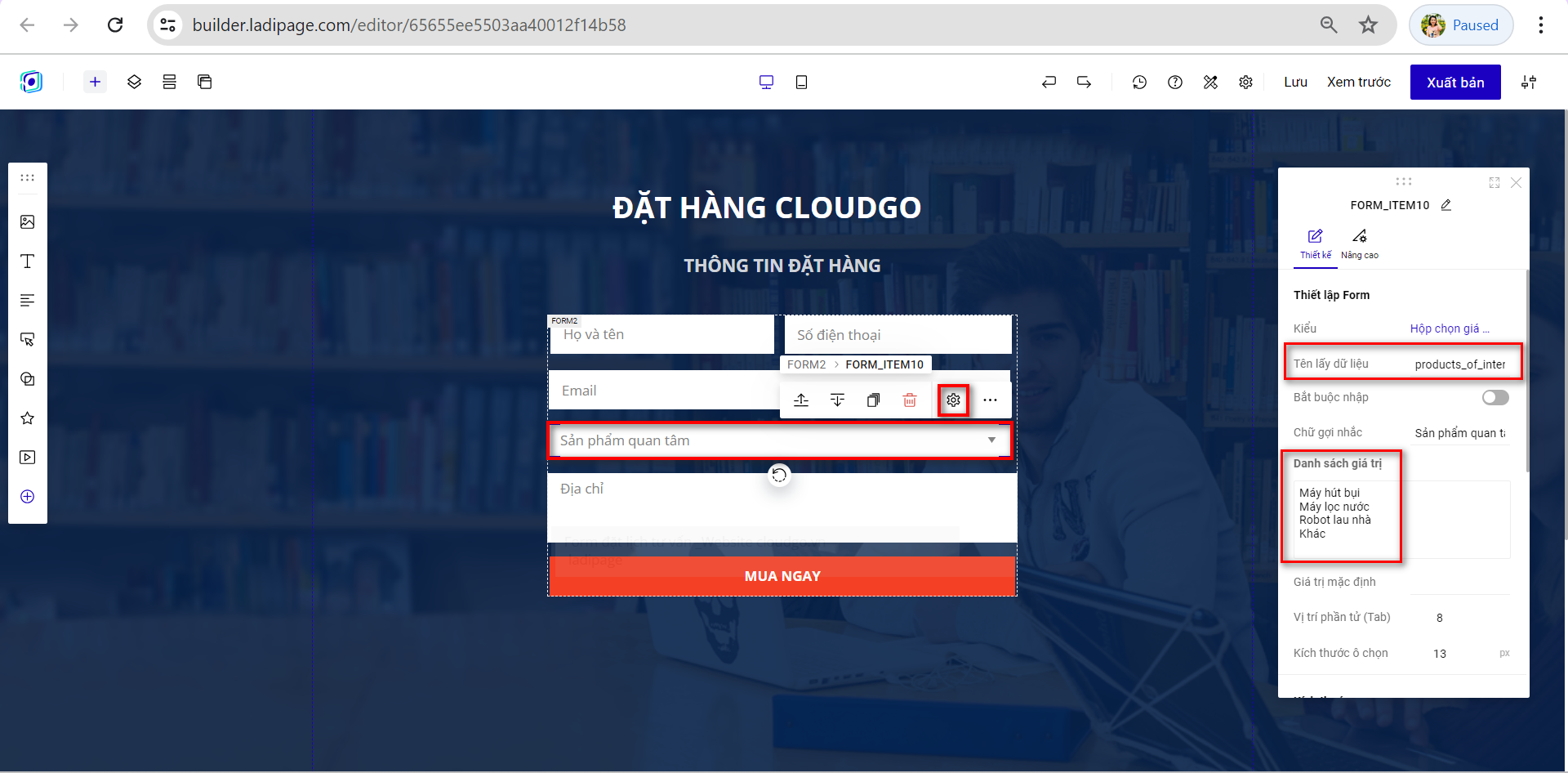Trường Hộp chọn giá trị với danh sách giá trị tiếng Việt trên form Landing Page