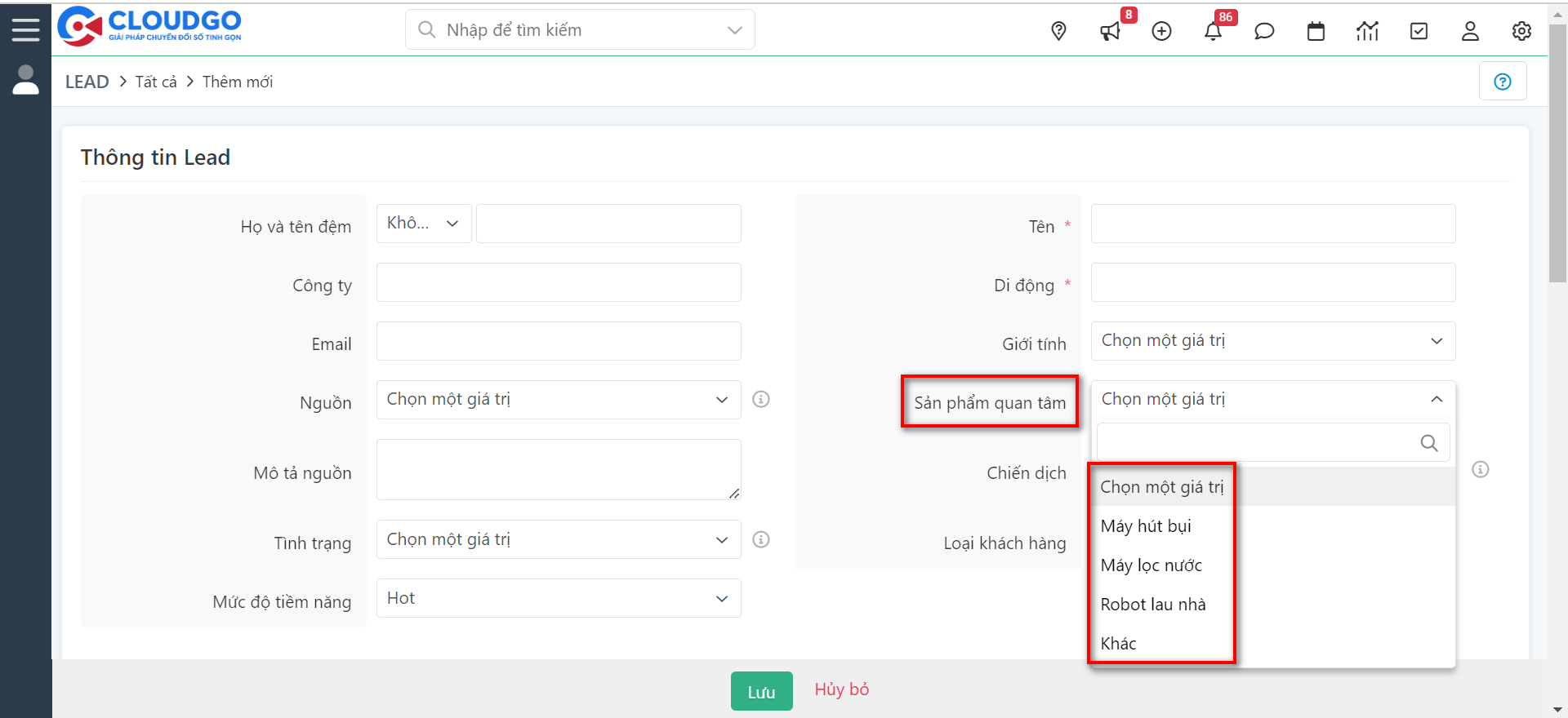 Giá trị tiếng Việt tương ứng của trường nhận dữ liệu trên CRM