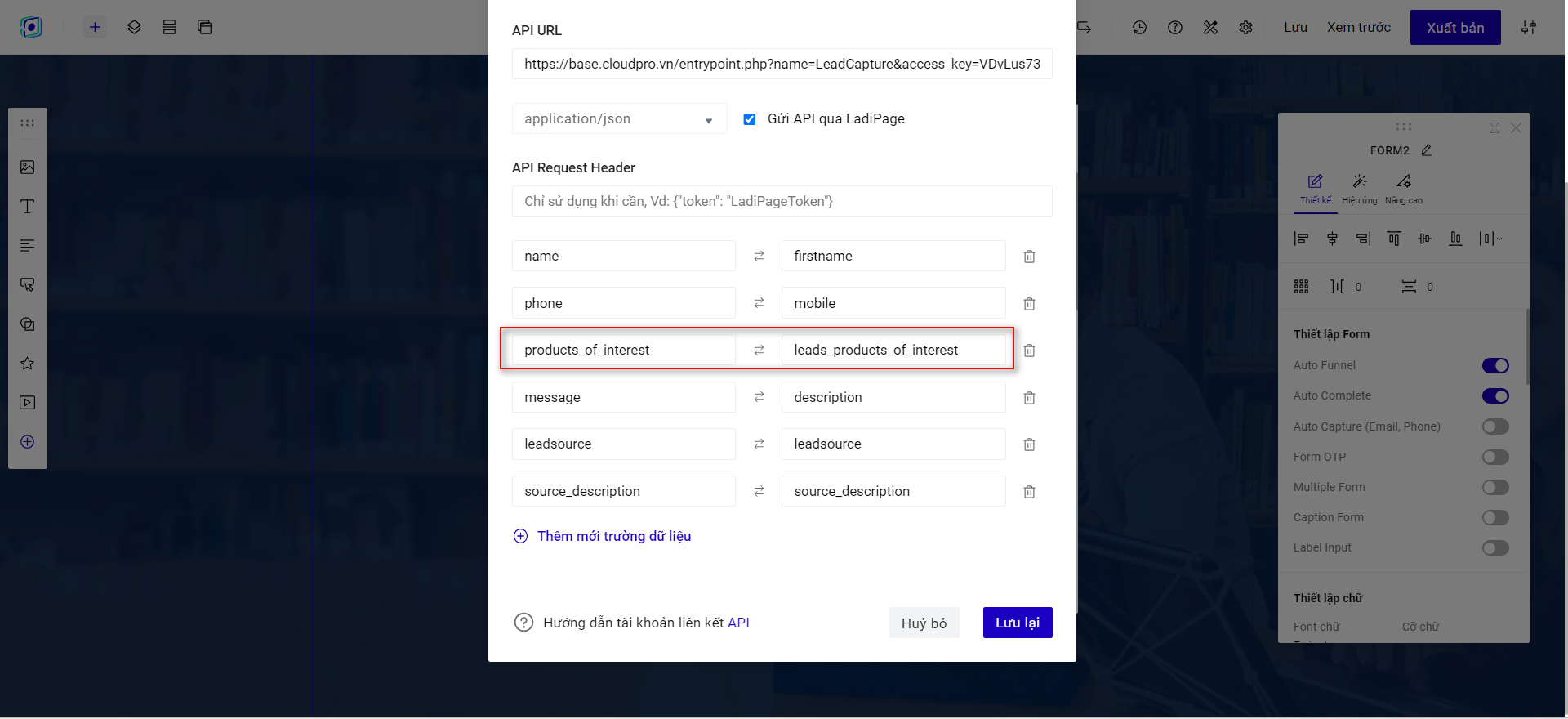 Mapping Tên lấy dữ liệu trên form Landing Page với Tên trường nhận dữ liệu trên CRM