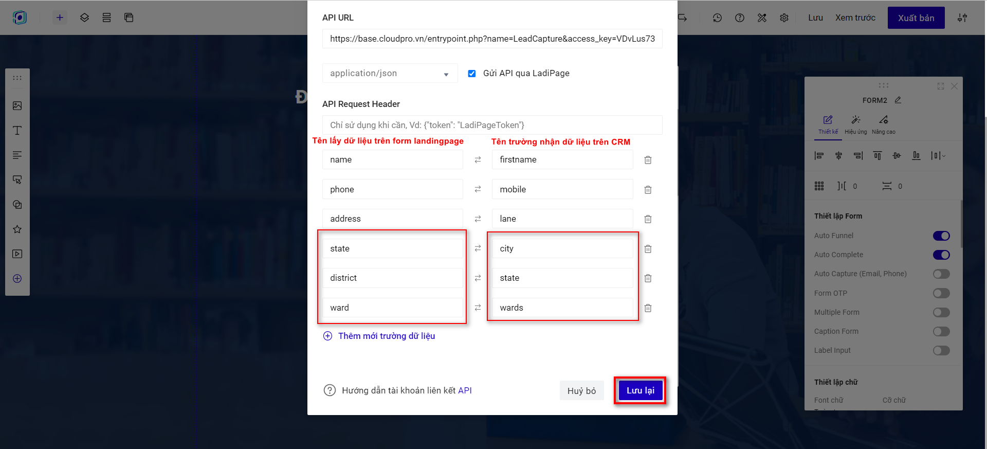 Kết quả mapping 3 trường Tỉnh/TP, Quận/Huyện, Xã/Phường vào form Lưu data
